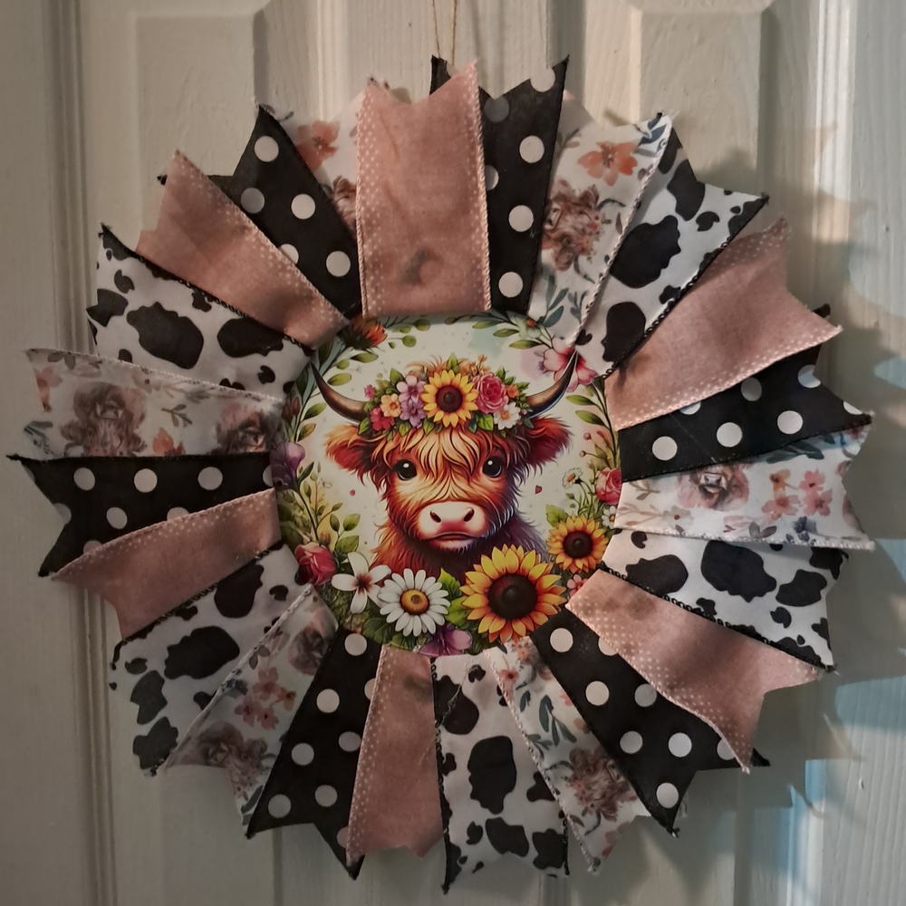 Floral Cow Wreath with Polka Dots -- Handmade